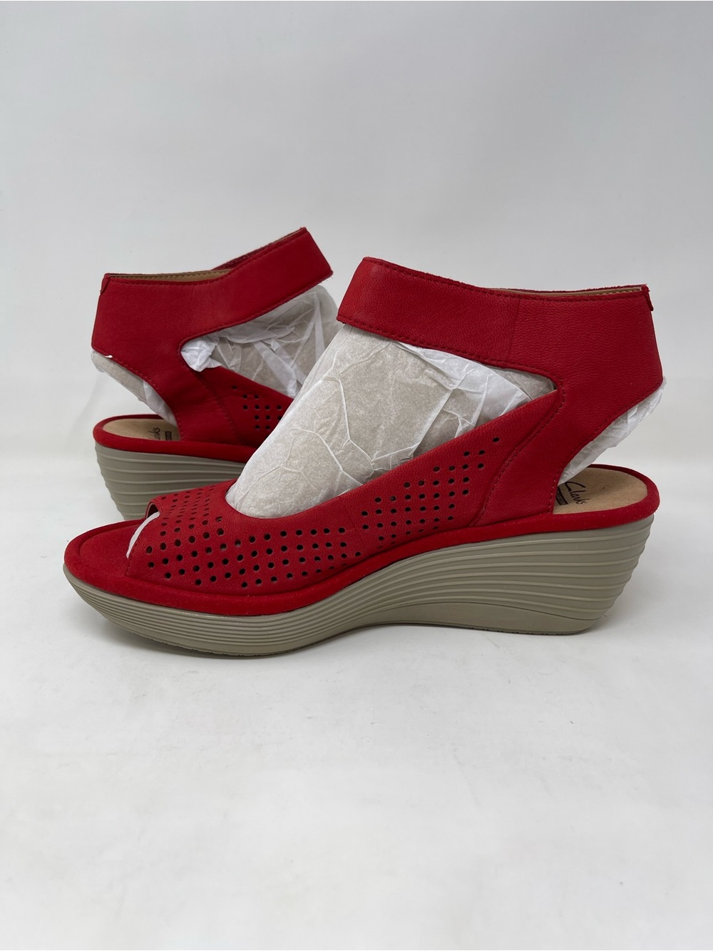 Clarks Red Perforated Ankle-Strap Wedge Sandals - Picture 6 of 8